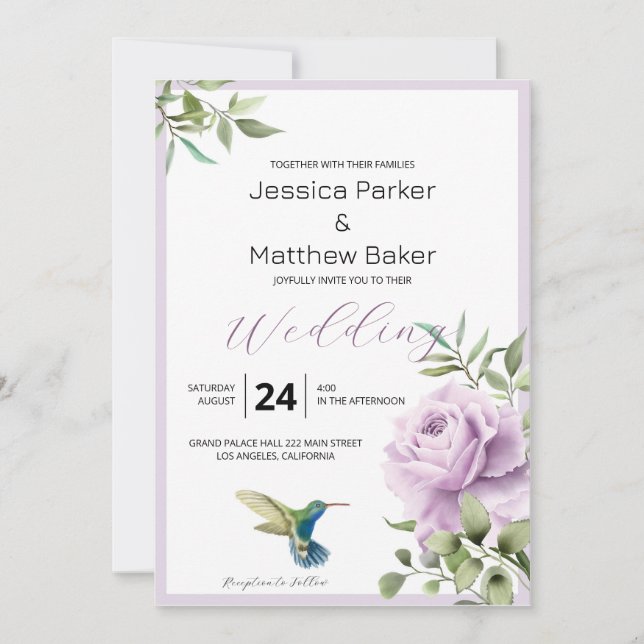 Invitación Rosa morado y Boda de colibrí (Anverso)