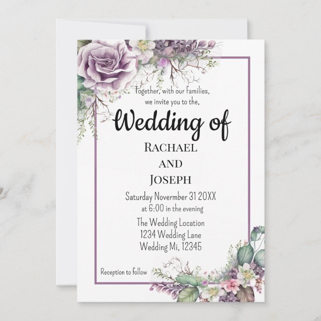 Invitación Rosa morado y Boda eucaliptamint (Anverso)