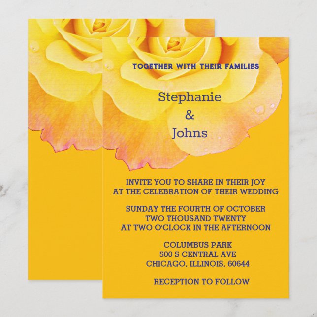 Invitación Rosa Naranja amarillo floral Boda Boho azul de la  (Anverso / Reverso)