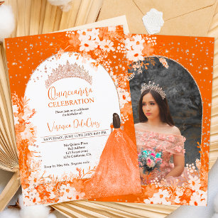 Invitación Rosa naranja de oro floral tiara princesa Quincean