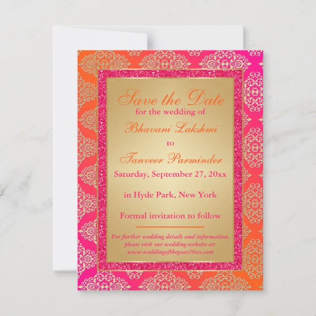 Invitación Rosa, Naranja, Dorado Falso Brillo Save the Date (Anverso)