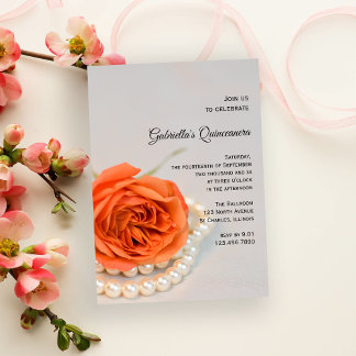 Invitación Rosa naranja Flor y Perlas Fiesta Quinceanera