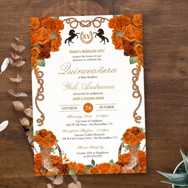 Invitación Rosa naranja Floral Charro Ranch Quinceañera (Subido por el creador)