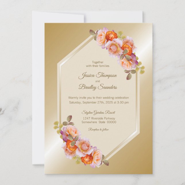 Invitación Rosa naranja Floral Gold Boda Floral (Anverso)