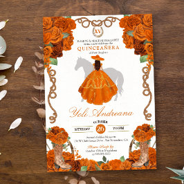 Invitación Rosa naranja Floral Occidental Charro Quinceanera