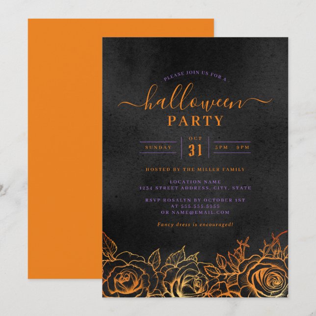 Invitación Rosa Naranja Halloween Fiesta Negra  (Anverso / Reverso)
