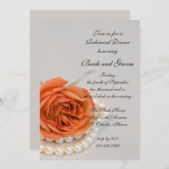 Invitación Rosa naranja Perlas Blancas Boda Ensayo Cena (Anverso / Reverso)