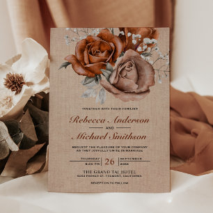 Invitación Rosa Naranja Quemada de Arpillera Rústica Boda Ter