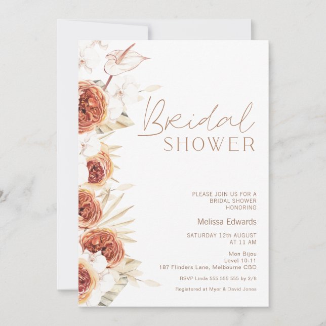 Invitación Rosa Naranja quemado Boho Floral Bridal Shower (Anverso)