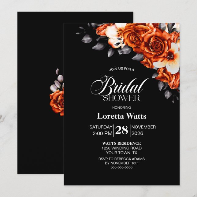 Invitación Rosa Naranja quemado Floral Black Bridal Shower (Anverso / Reverso)