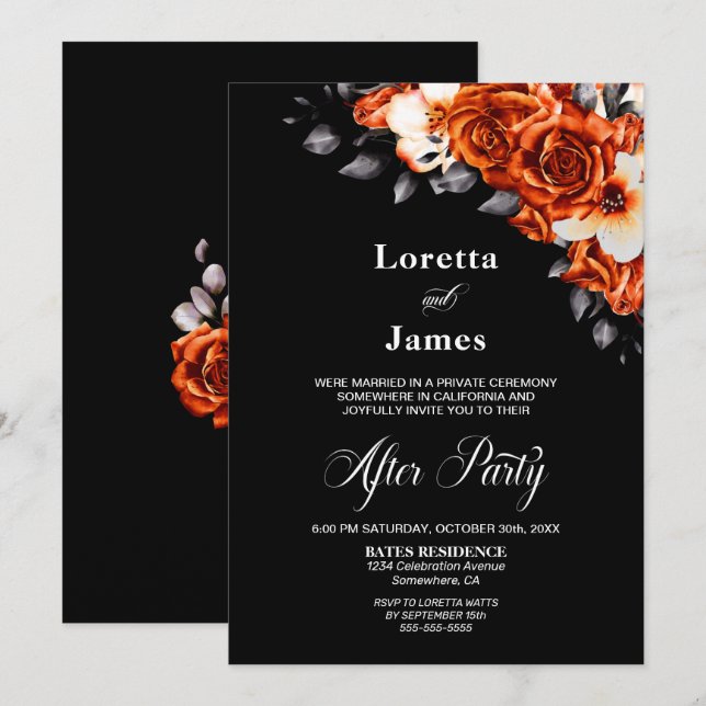 Invitación Rosa Naranja quemado Floral Recepción de boda negr (Anverso / Reverso)