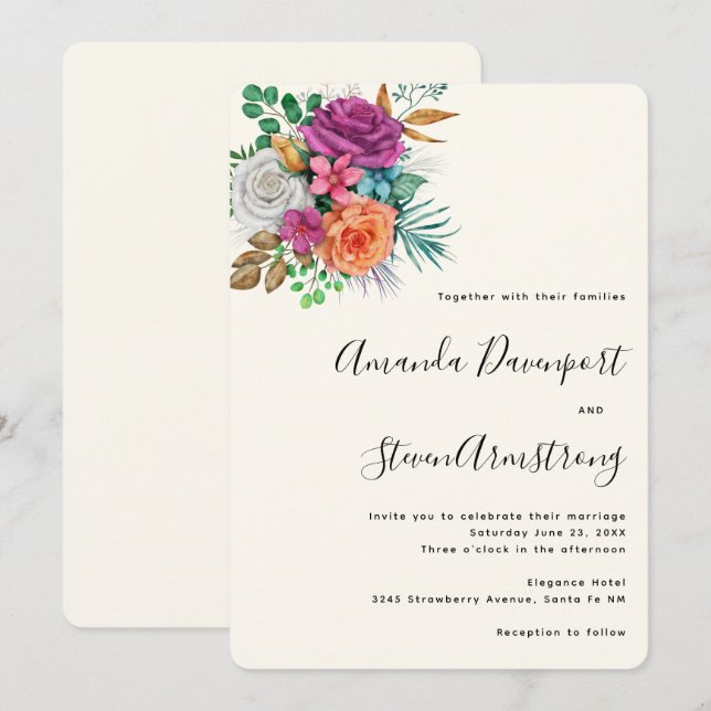 Invitación Rosa, Naranja y Rosas Blancas Boda de Bouquet Flor (Anverso / Reverso)