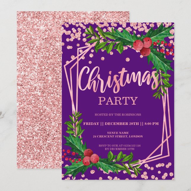 Invitación Rosa Navidades Confetti Purpurina Purple Holly (Anverso / Reverso)