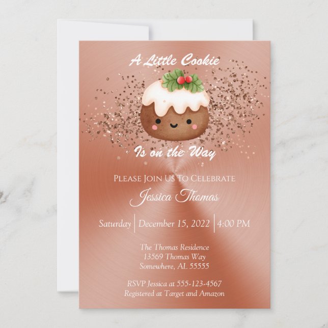 Invitación Rosa Navidades de oro Cookie Baby Shower (Anverso)