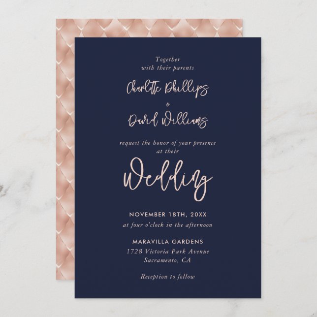 Invitación Rosa  Navy Blue Modern Script Boda (Anverso / Reverso)