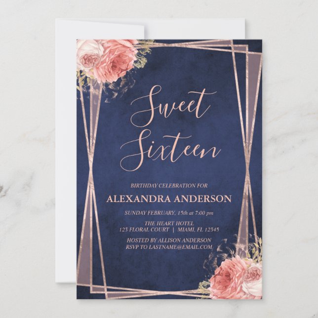 Invitación Rosa Navy Floral Azul Dulce Dieciséis Cumpleaños (Anverso)