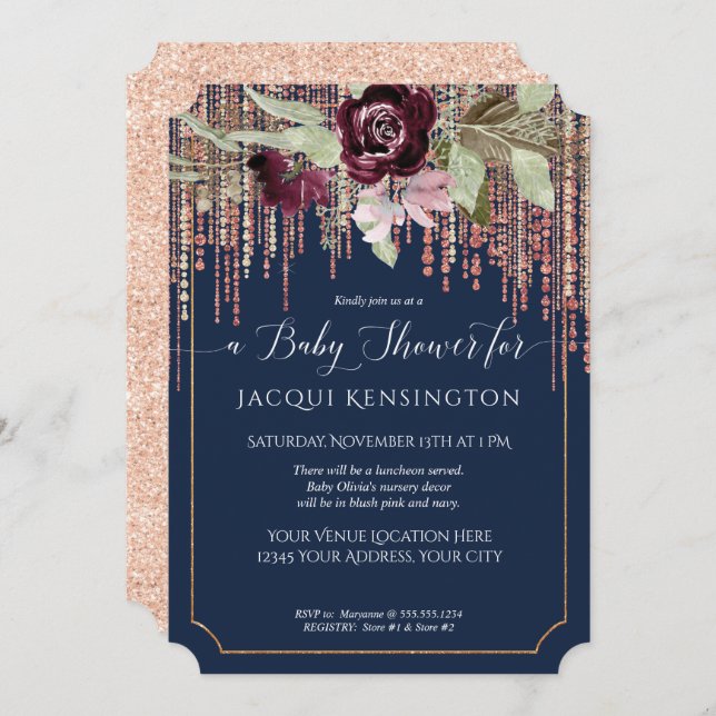 Invitación Rosa Navy Fringe Gold Burgundy Floral Baby Shower (Anverso / Reverso)