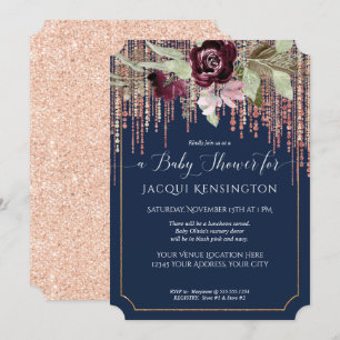 Invitación Rosa Navy Fringe Gold Burgundy Floral Baby Shower