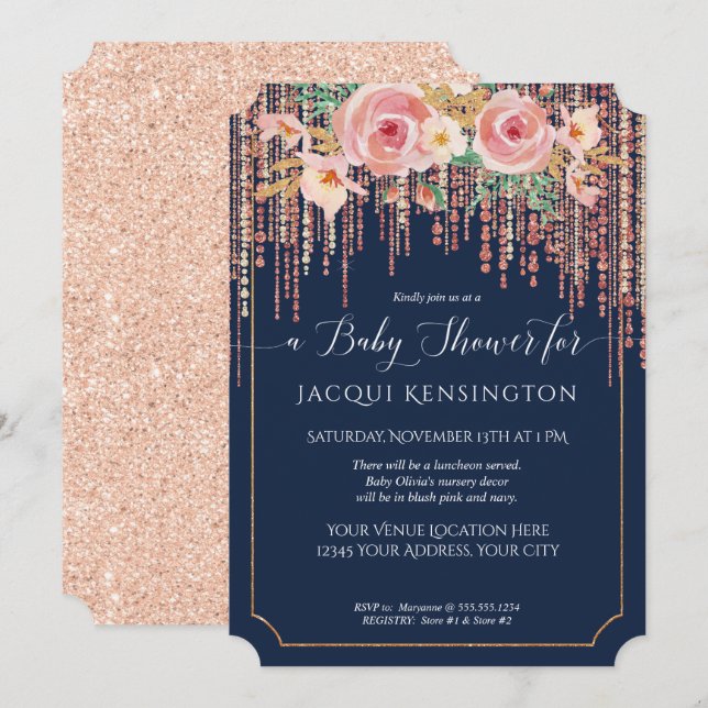 Invitación Rosa Navy Fringe Gold Rubor Floral rosa (Anverso / Reverso)