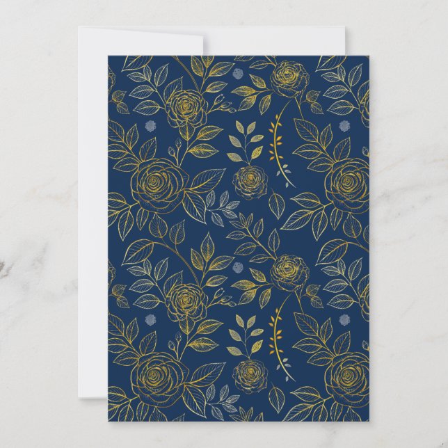 Invitación Rosa Navy & Gold – Patrón Botánico Perfecto (Anverso)