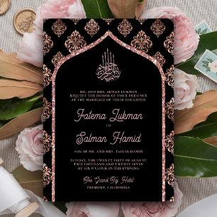 Invitación Rosa Negra Boda Musulmana Arco de Damasco Dorado