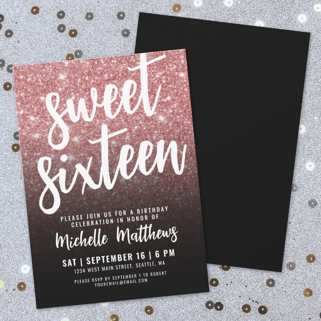 Invitación Rosa Negra Cumpleaños 16 con Brillo Dorado (Black Rose Gold Glitter 16th Birthday Invitation)