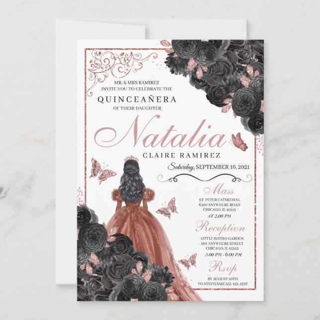 Invitación Rosa Negra Mariposa Princesa Quinceañera Dorada (Anverso)