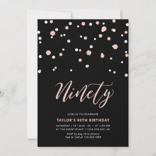 Invitación Rosa Negra oro Simple Noventa Cumpleaños 90 