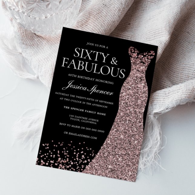 Invitación Rosa Negra Vestido de Oro Mujeres 60 cumpleaños fi (Subido por el creador)