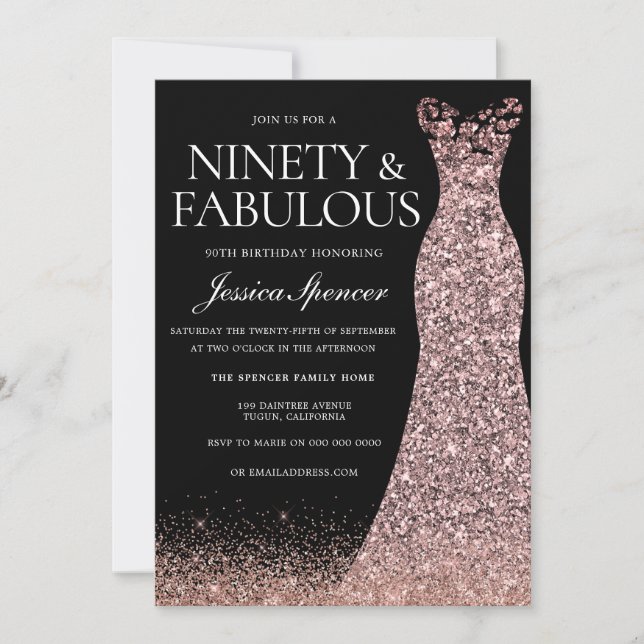 Invitación Rosa Negra Vestido de Oro Mujeres 90 cumpleaños fi (Anverso)