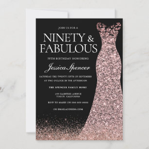 Invitación Rosa Negra Vestido de Oro Mujeres 90 cumpleaños fi
