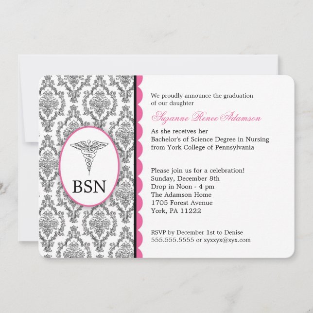 Invitación Rosa negro ADAPTABLE de la graduación BSN RN de la (Anverso)