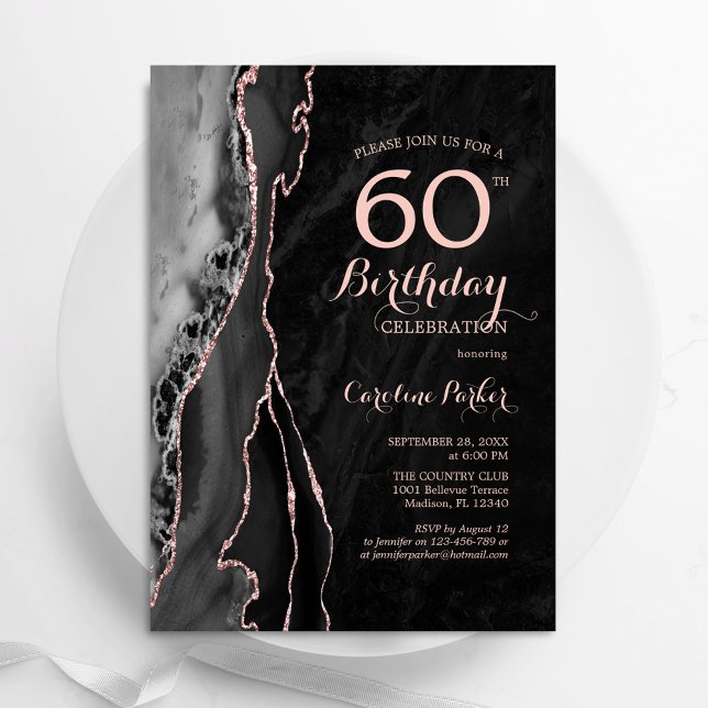 Invitación Rosa Negro Agate de Oro 60 cumpleaños (Subido por el creador)