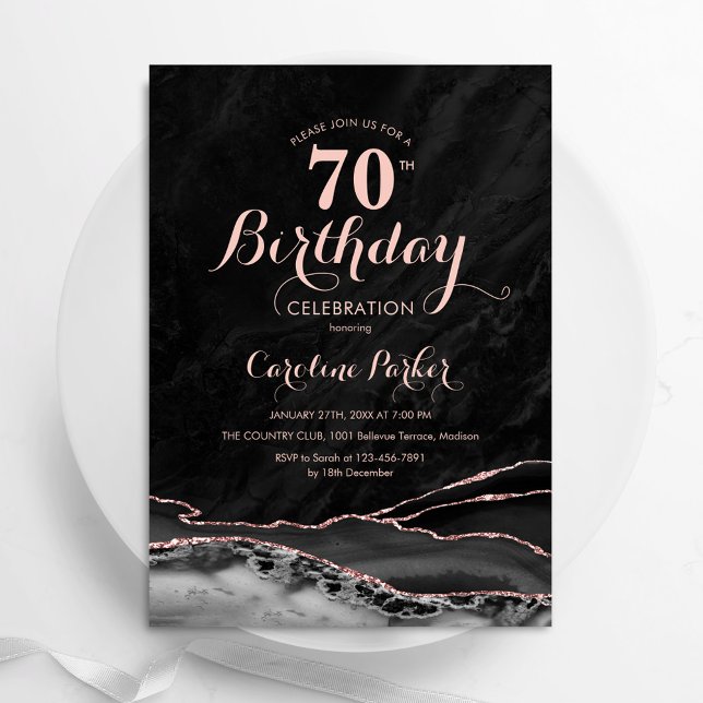 Invitación Rosa Negro Agate Marble 70 cumpleaños (Subido por el creador)