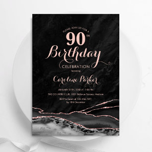 Invitación Rosa Negro Agate Marble 90 cumpleaños