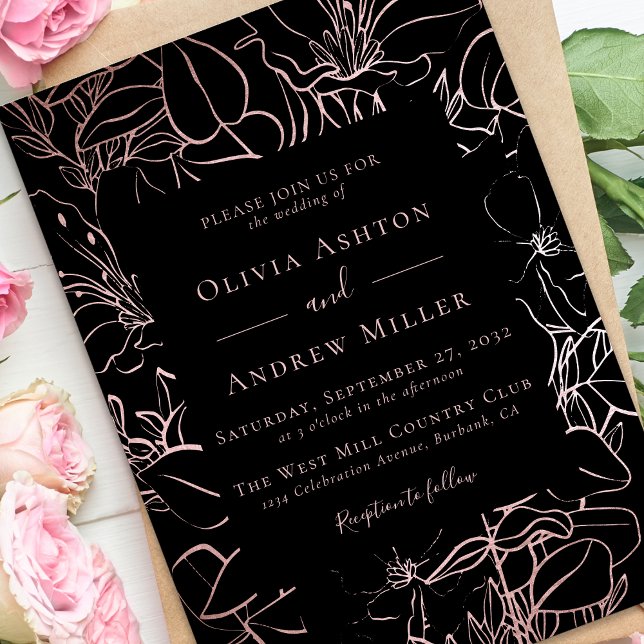 Invitación Rosa negro Boda floral de oro (Subido por el creador)