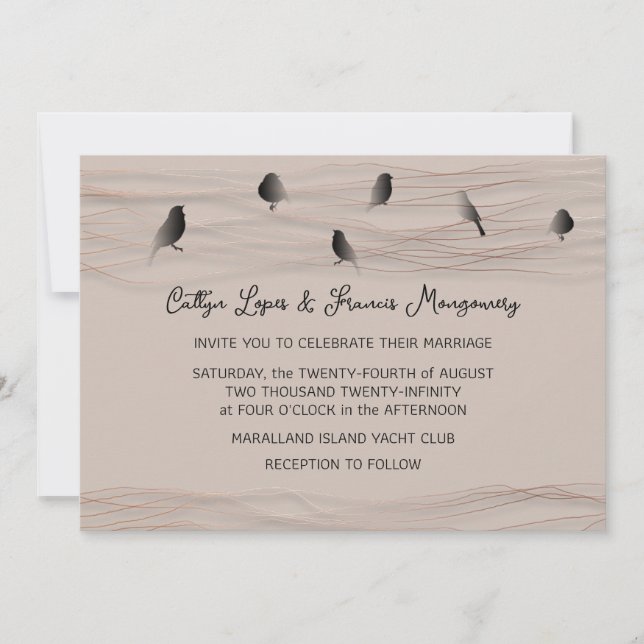 Invitación Rosa negro boda Rubor Delicate Lines Birds (Anverso)