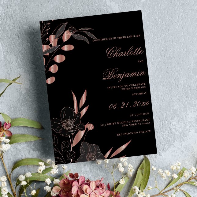Invitación Rosa negro clásico boda floral elegante dorado (Classic black rose gold elegant floral wedding)