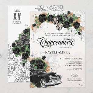 Invitación Rosa Negro Clásico Lowrider Oldies Chola Quince