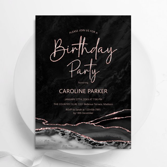 Invitación Rosa Negro Cumpleaños de Oro Cualquier Edad (Subido por el creador)