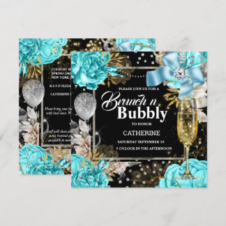 Invitación Rosa negro de Aqua, chic purpurina de burbujas