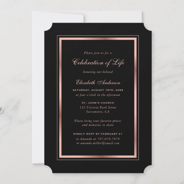 Invitación Rosa negro de la celebración de la vida (Anverso)