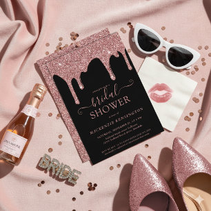 Invitación Rosa negro de lujo Purpurina de oro gotea ducha de