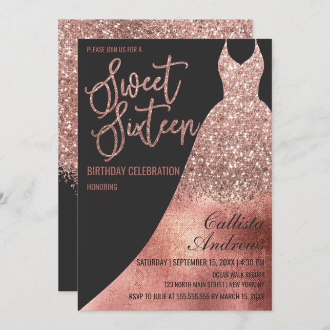 Invitación Rosa negro de lujo Purpurina de oro vestido dulce 