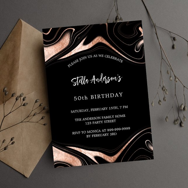 Invitación Rosa negro de mármol dorado moderno cumpleaños (Subido por el creador)