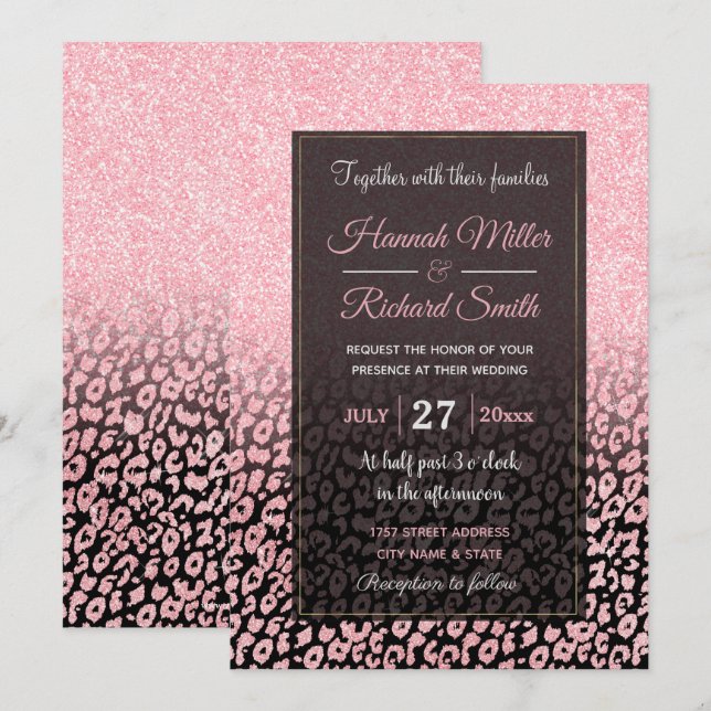 Invitación Rosa negro de moda Purpurina de oro Leopard Ombre (Anverso / Reverso)