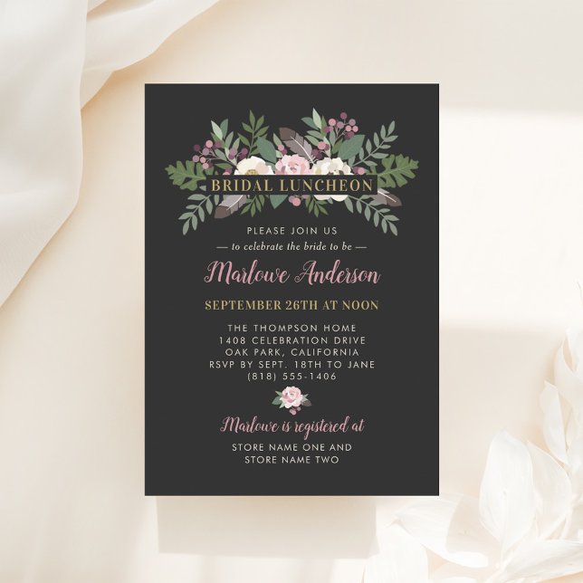 Invitación Rosa negro de Moody Floral Rosa Boho Nodal Luncheo (Subido por el creador)