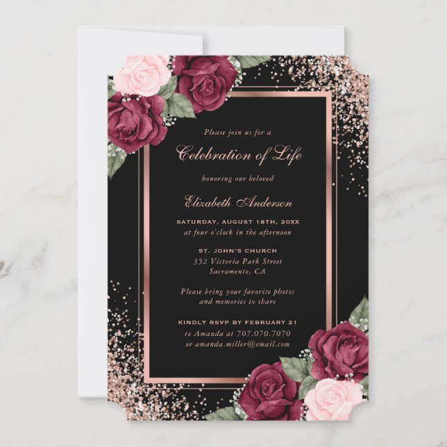 Invitación Rosa negro de oro floral de la festividad (Anverso)