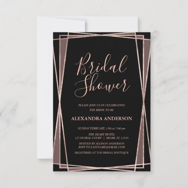 Invitación Rosa negro ducha de novia geométrica de oro (Anverso)