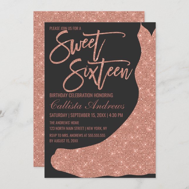 Invitación Rosa negro espumoso Purpurina de oro vestido dulce (Anverso / Reverso)